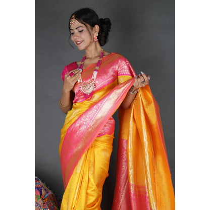 Isadora Life Womens Woven Zari Yellow Pre-Draped Saree With Unstitched Blouse