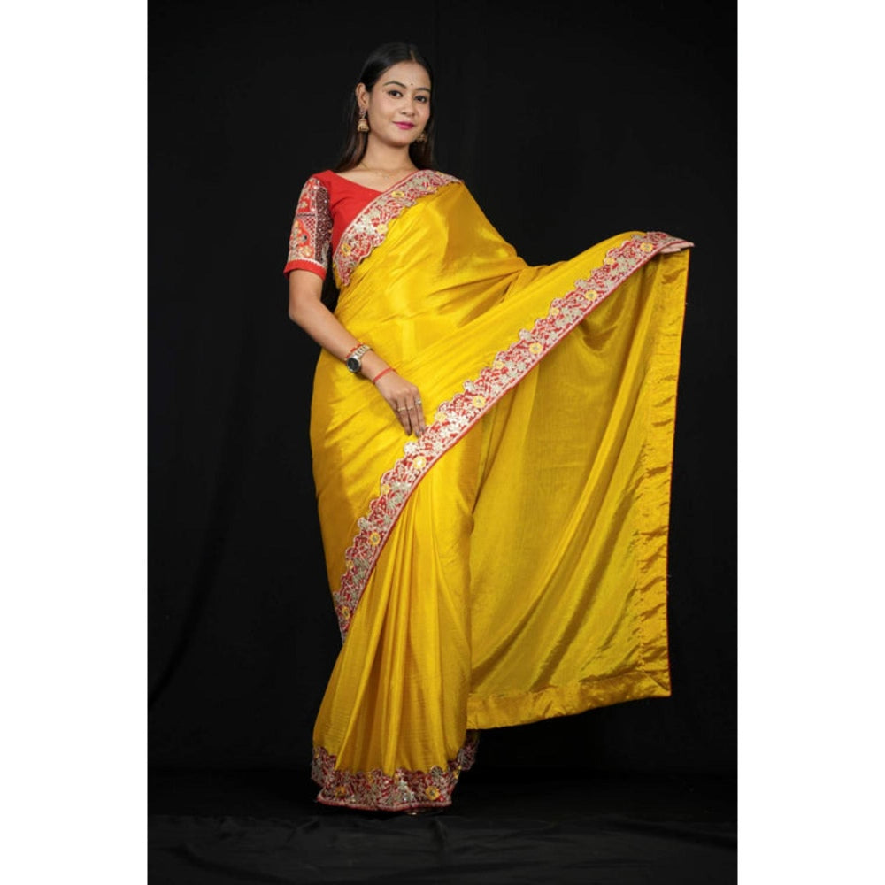 Isadora Life Womens Solid Embroidered Yellow Pre-Draped Saree With Unstitched Blouse