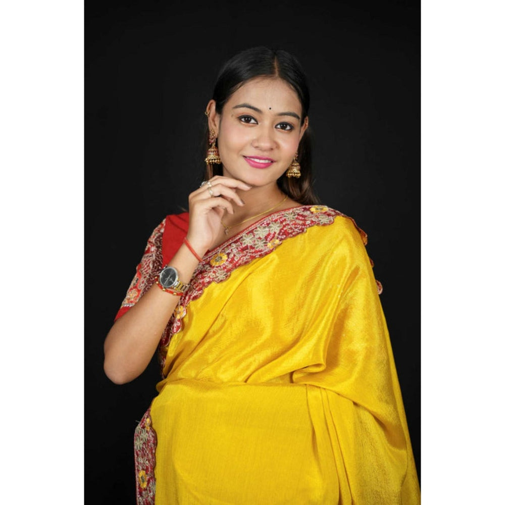 Isadora Life Womens Solid Embroidered Yellow Pre-Draped Saree With Unstitched Blouse