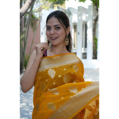 Isadora Life Womens Woven Zari Mustard Pre-Draped Saree With Unstitched Blouse
