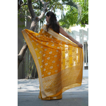 Isadora Life Womens Woven Zari Mustard Pre-Draped Saree With Unstitched Blouse