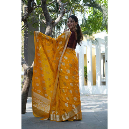 Isadora Life Womens Woven Zari Mustard Pre-Draped Saree With Unstitched Blouse