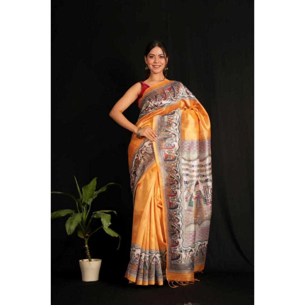 Isadora Life Womens Printed Tassels Orange Pre-Draped Saree With Unstitched Blouse