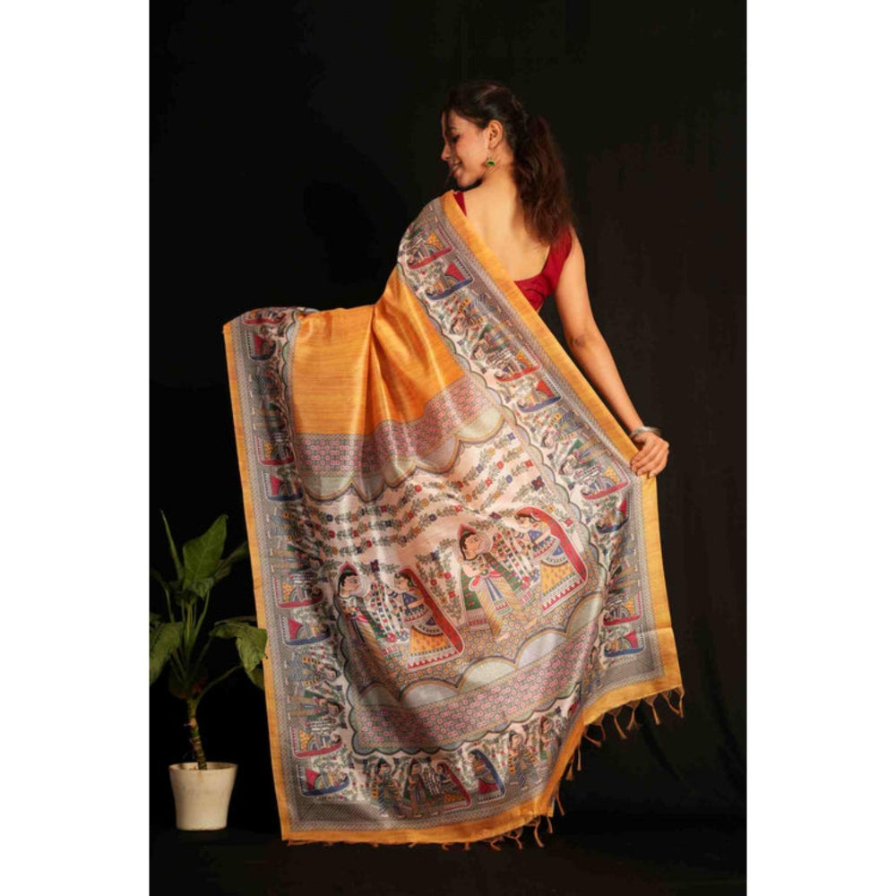 Isadora Life Womens Printed Tassels Orange Pre-Draped Saree With Unstitched Blouse