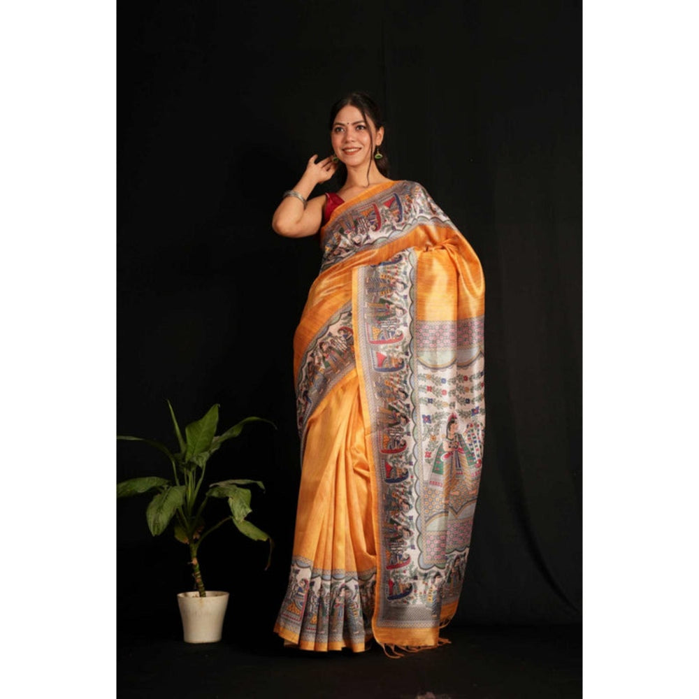 Isadora Life Womens Printed Tassels Orange Pre-Draped Saree With Unstitched Blouse