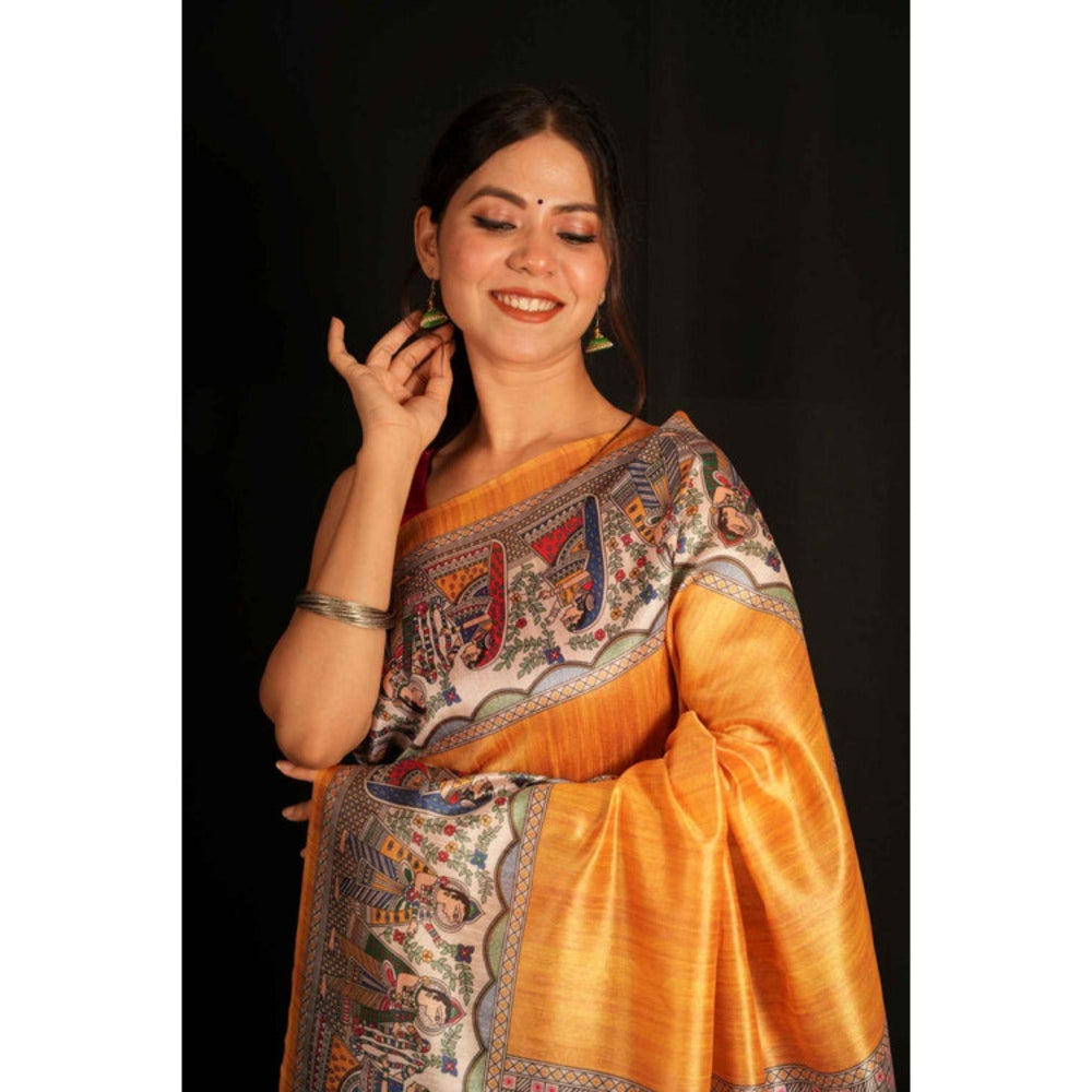 Isadora Life Womens Printed Tassels Orange Pre-Draped Saree With Unstitched Blouse
