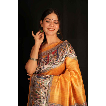 Isadora Life Womens Printed Tassels Orange Pre-Draped Saree With Unstitched Blouse