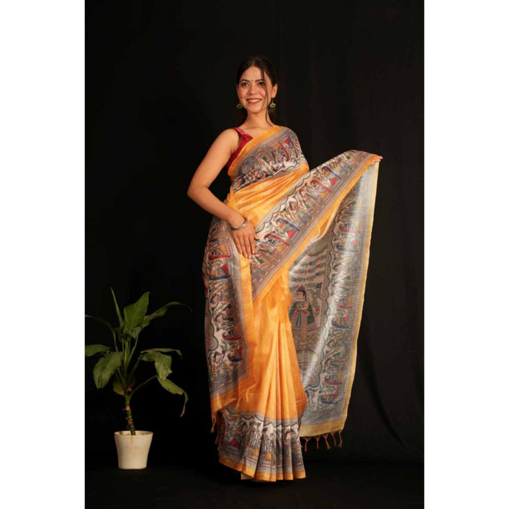 Isadora Life Womens Printed Tassels Orange Pre-Draped Saree With Unstitched Blouse