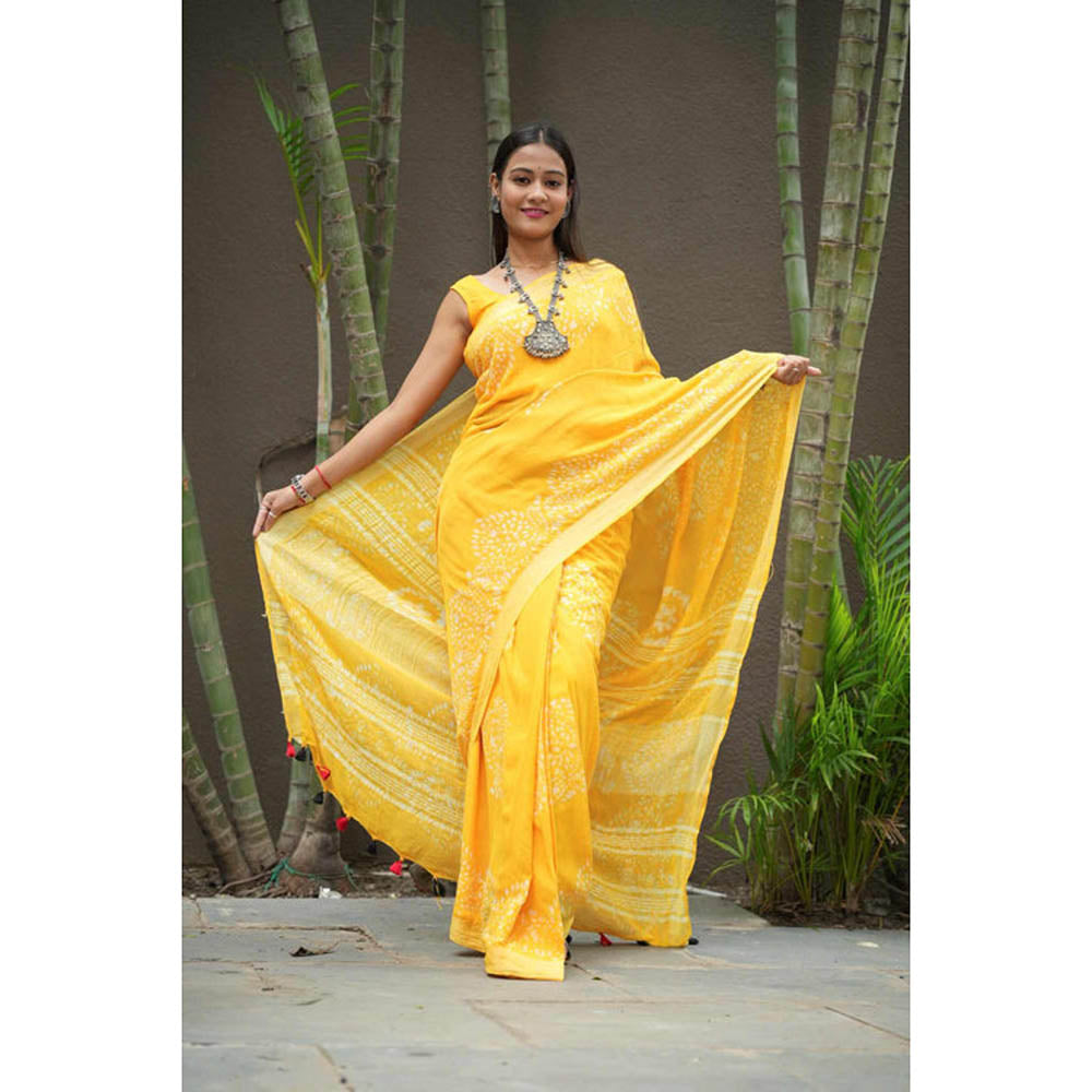 Isadora Life Womens Printed Tassels Yellow Pre-Draped Saree With Unstitched Blouse