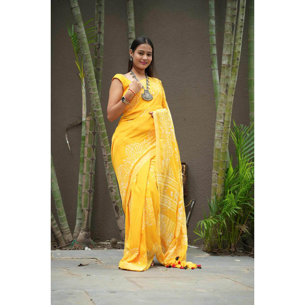 Isadora Life Womens Printed Tassels Yellow Pre-Draped Saree With Unstitched Blouse
