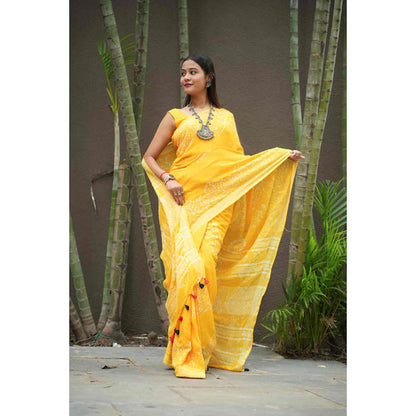 Isadora Life Womens Printed Tassels Yellow Pre-Draped Saree With Unstitched Blouse