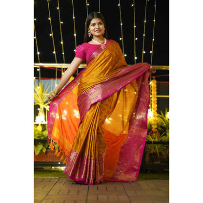 Isadora Life Womens Woven Tassels Mustard Pre-Draped Saree With Unstitched Blouse