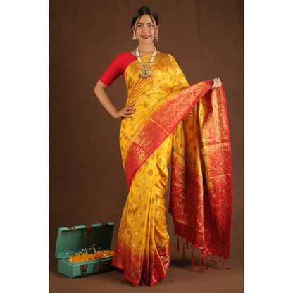 Isadora Life Womens Woven Tassels Yellow Pre-Draped Saree With Unstitched Blouse