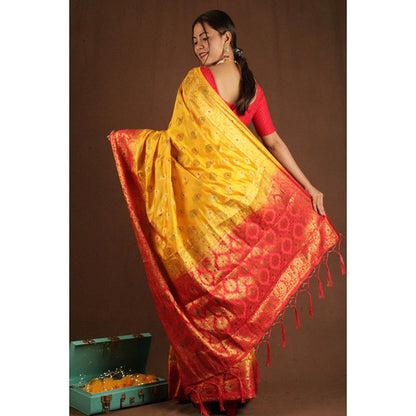 Isadora Life Womens Woven Tassels Yellow Pre-Draped Saree With Unstitched Blouse