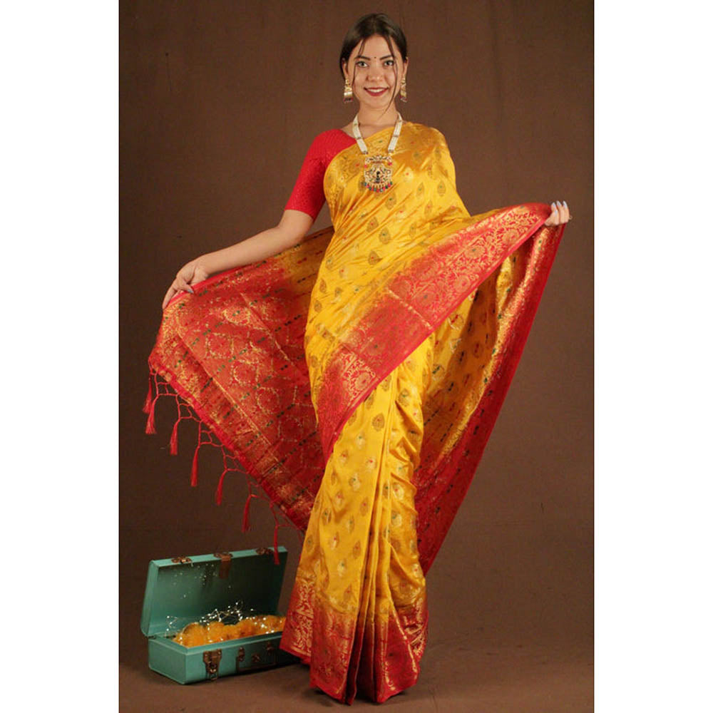 Isadora Life Womens Woven Tassels Yellow Pre-Draped Saree With Unstitched Blouse