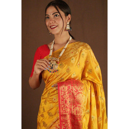 Isadora Life Womens Woven Tassels Yellow Pre-Draped Saree With Unstitched Blouse