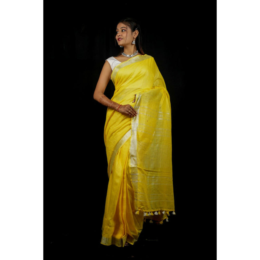 Isadora Life Womens Woven Zari Yellow Pre-Draped Saree With Unstitched Blouse