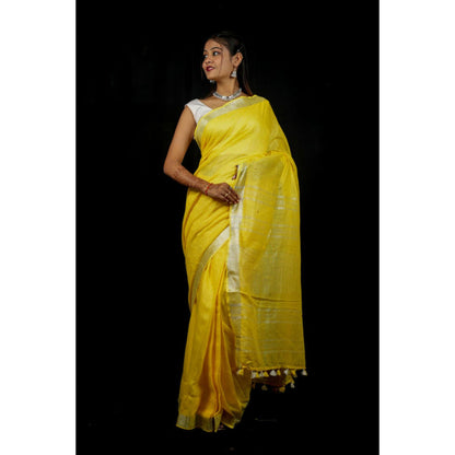 Isadora Life Womens Woven Zari Yellow Pre-Draped Saree With Unstitched Blouse