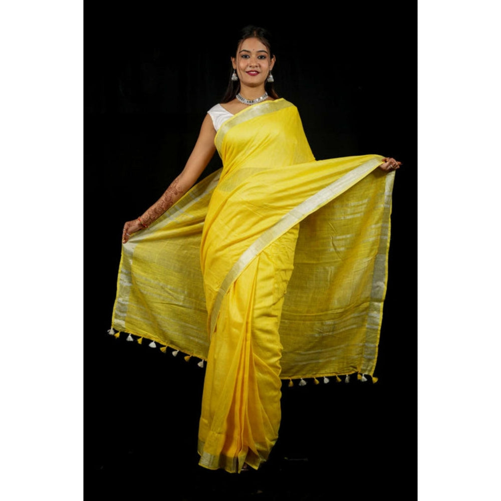 Isadora Life Womens Woven Zari Yellow Pre-Draped Saree With Unstitched Blouse