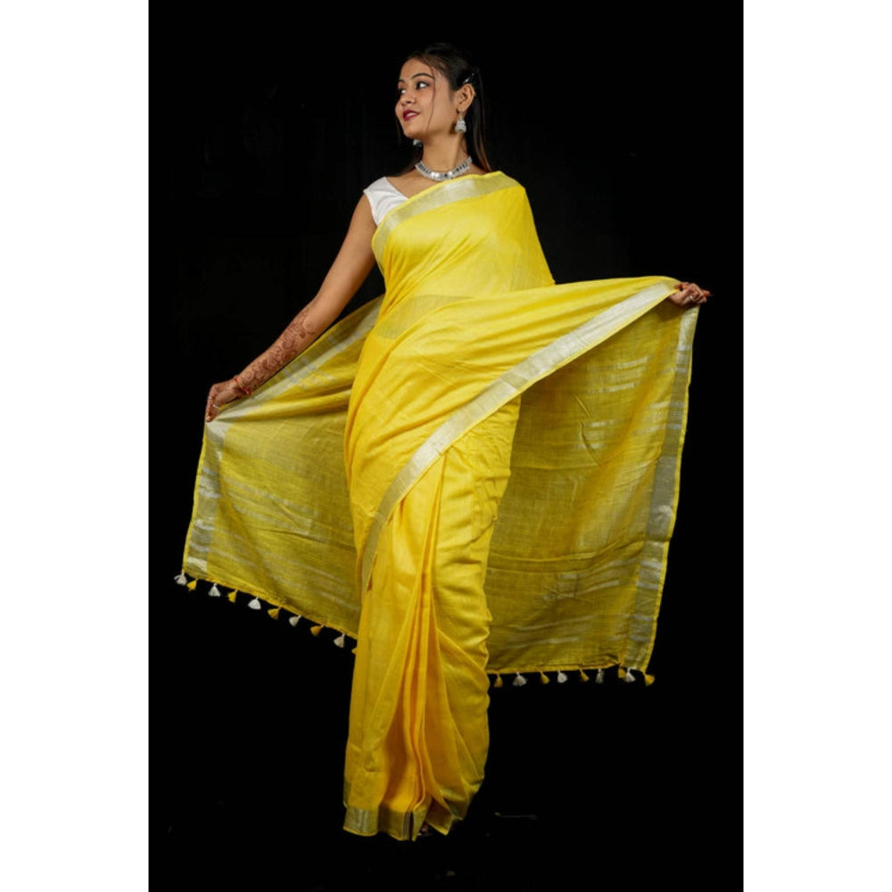 Isadora Life Womens Woven Zari Yellow Pre-Draped Saree With Unstitched Blouse