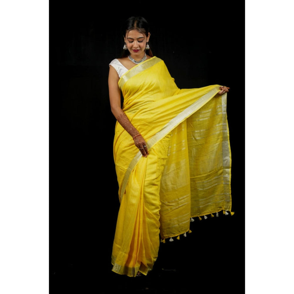Isadora Life Womens Woven Zari Yellow Pre-Draped Saree With Unstitched Blouse