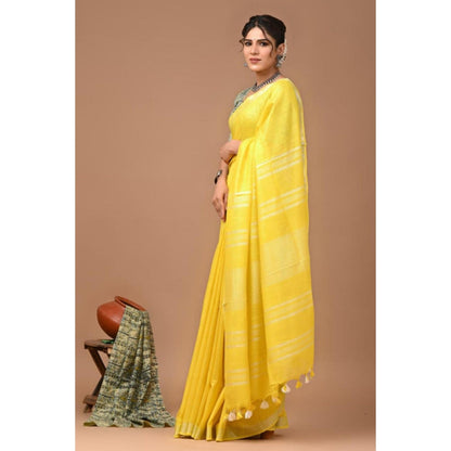 Isadora Life Womens Woven Zari Yellow Pre-Draped Saree With Unstitched Blouse