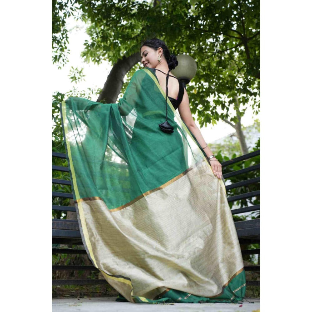 Isadora Life Womens Woven Tassels Green Pre-Draped Saree With Unstitched Blouse