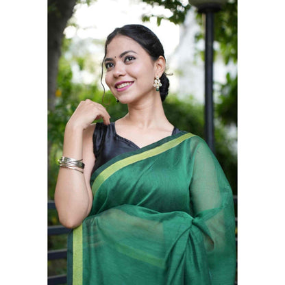 Isadora Life Womens Woven Tassels Green Pre-Draped Saree With Unstitched Blouse