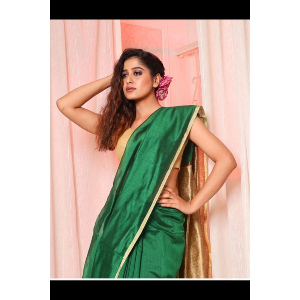 Isadora Life Womens Woven Tassels Green Pre-Draped Saree With Unstitched Blouse