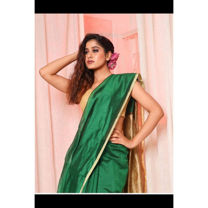 Isadora Life Womens Woven Tassels Green Pre-Draped Saree With Unstitched Blouse