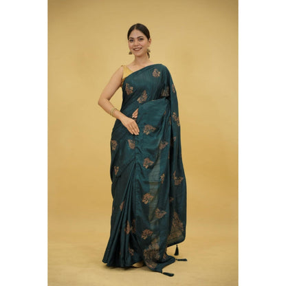 Isadora Life Womens Embroidered Tassels Teal Pre-Draped Saree With Unstitched Blouse