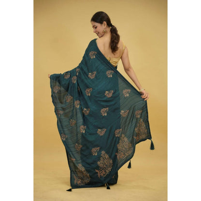 Isadora Life Womens Embroidered Tassels Teal Pre-Draped Saree With Unstitched Blouse