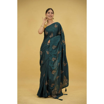 Isadora Life Womens Embroidered Tassels Teal Pre-Draped Saree With Unstitched Blouse
