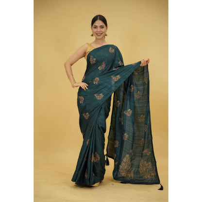 Isadora Life Womens Embroidered Tassels Teal Pre-Draped Saree With Unstitched Blouse