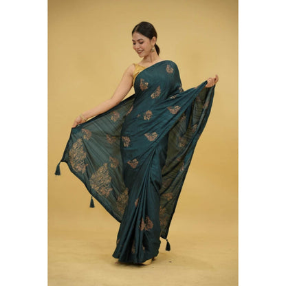 Isadora Life Womens Embroidered Tassels Teal Pre-Draped Saree With Unstitched Blouse