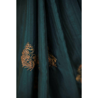 Isadora Life Womens Embroidered Tassels Teal Pre-Draped Saree With Unstitched Blouse