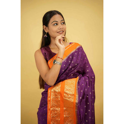 Isadora Life Womens Woven Zari Purple Pre-Draped Saree With Unstitched Blouse
