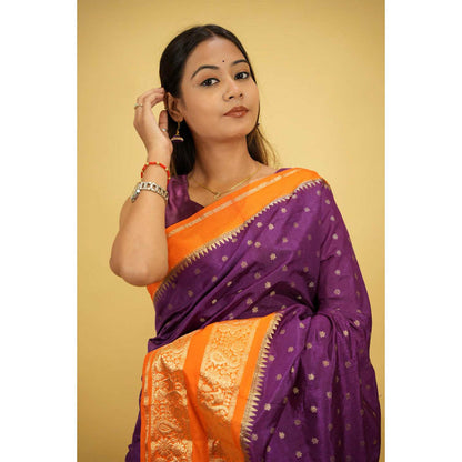 Isadora Life Womens Woven Zari Purple Pre-Draped Saree With Unstitched Blouse