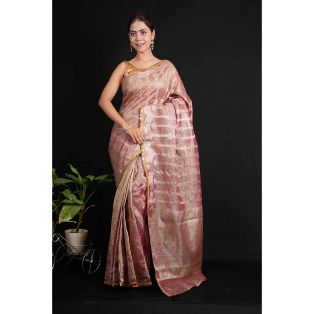 Isadora Life Womens Woven Lace Work Pink Pre-Draped Saree With Unstitched Blouse