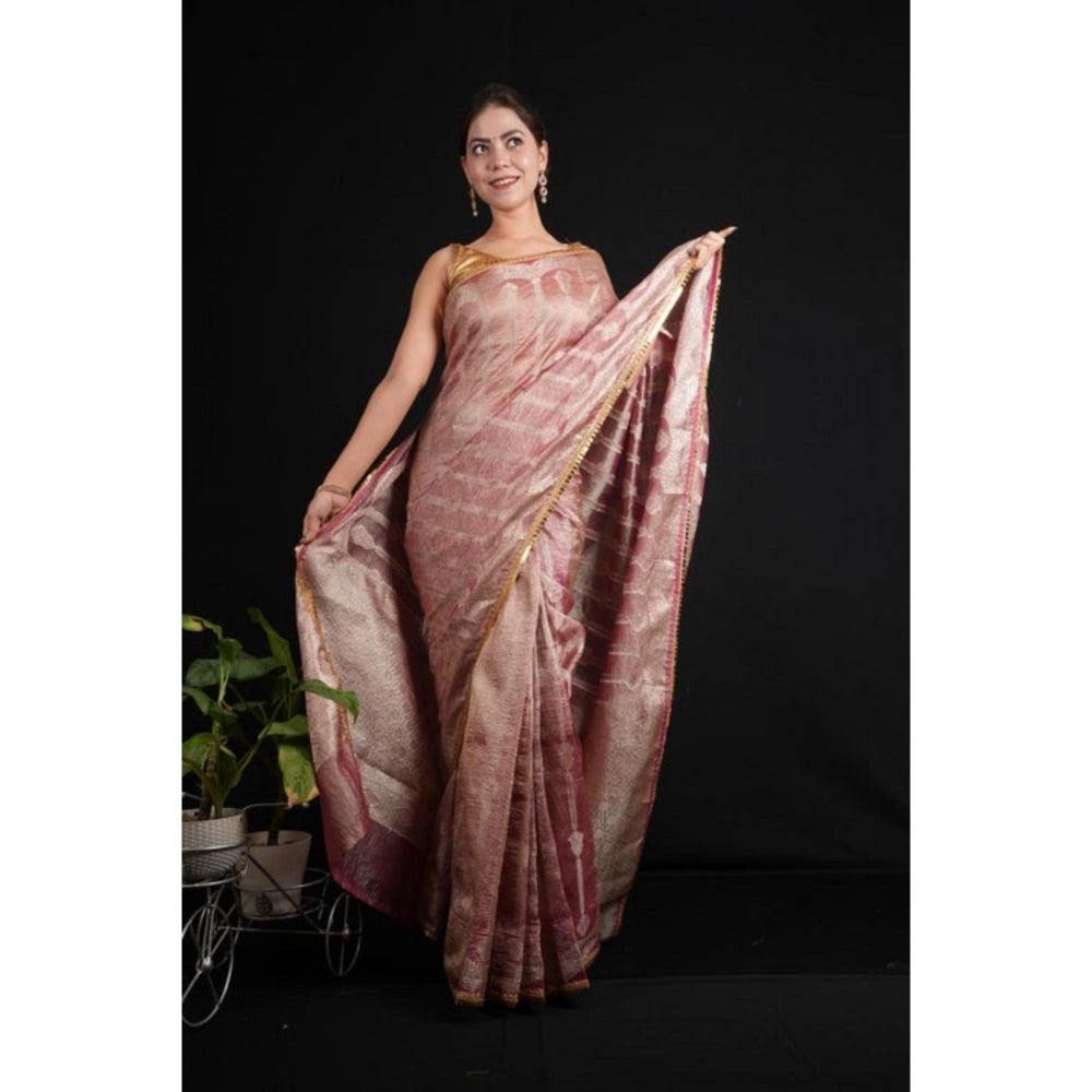 Isadora Life Womens Woven Lace Work Pink Pre-Draped Saree With Unstitched Blouse