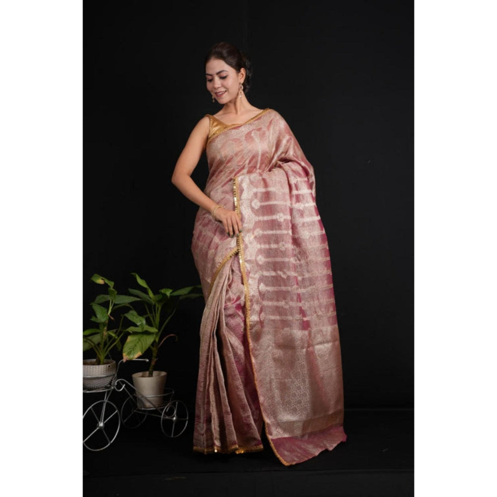 Isadora Life Womens Woven Lace Work Pink Pre-Draped Saree With Unstitched Blouse
