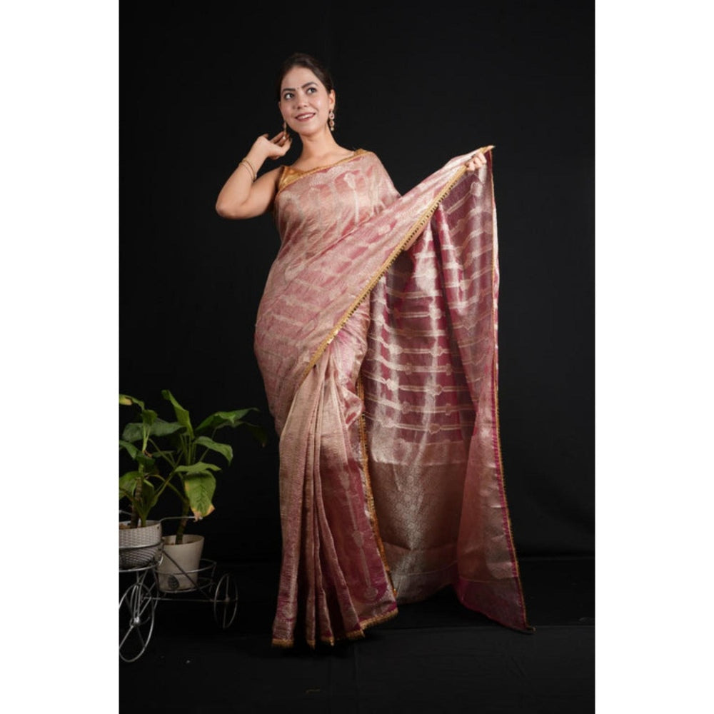 Isadora Life Womens Woven Lace Work Pink Pre-Draped Saree With Unstitched Blouse