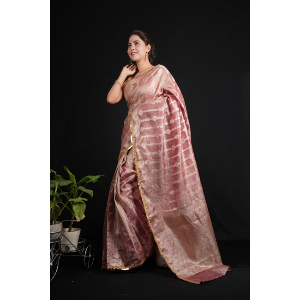 Isadora Life Womens Woven Lace Work Pink Pre-Draped Saree With Unstitched Blouse