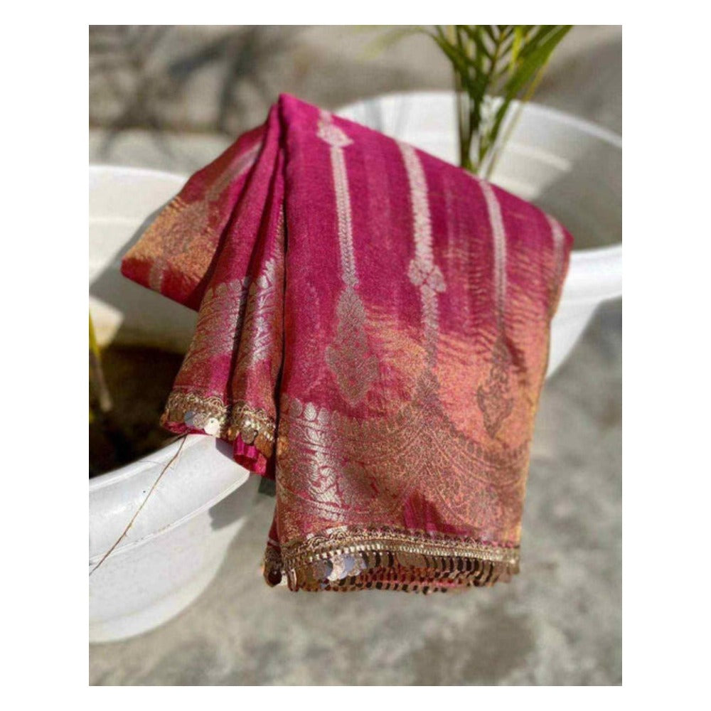 Isadora Life Womens Woven Lace Work Pink Pre-Draped Saree With Unstitched Blouse