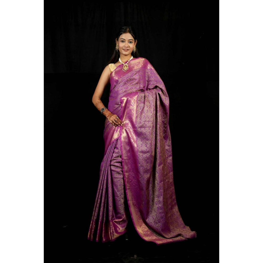 Isadora Life Womens Woven Zari Purple Pre-Draped Saree With Unstitched Blouse