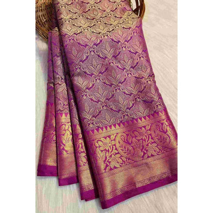 Isadora Life Womens Woven Zari Purple Pre-Draped Saree With Unstitched Blouse