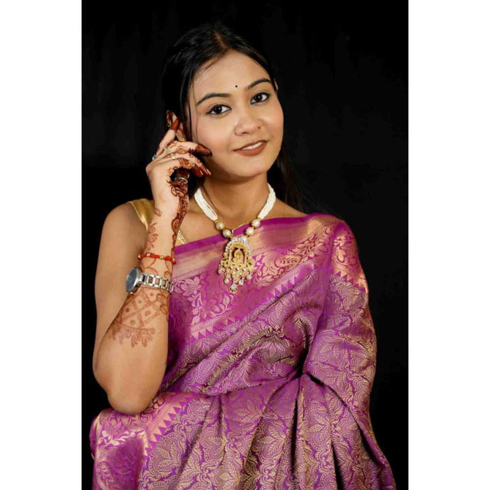 Isadora Life Womens Woven Zari Purple Pre-Draped Saree With Unstitched Blouse