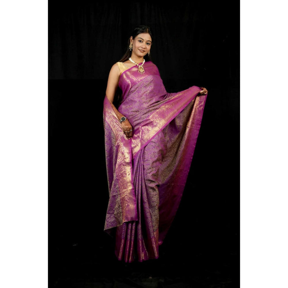 Isadora Life Womens Woven Zari Purple Pre-Draped Saree With Unstitched Blouse