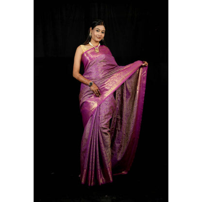 Isadora Life Womens Woven Zari Purple Pre-Draped Saree With Unstitched Blouse
