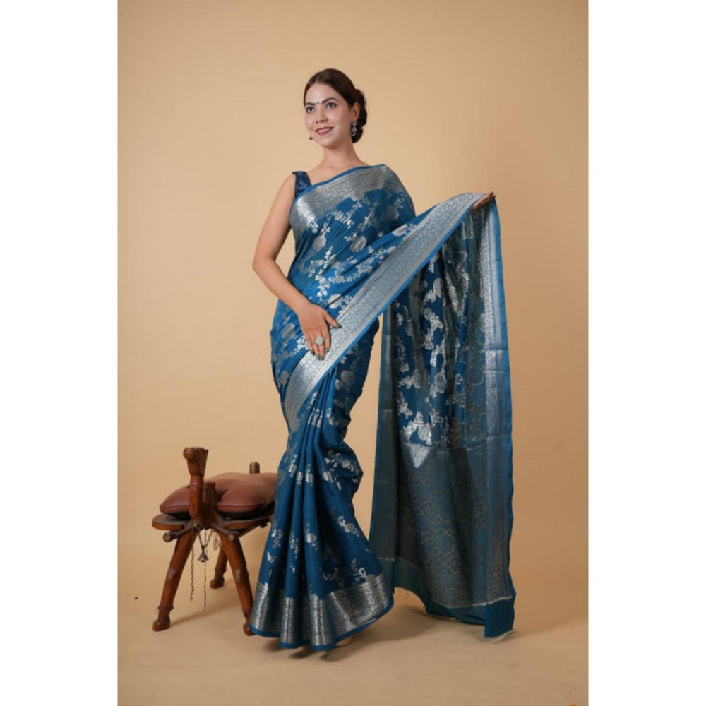 Isadora Life Womens Floral Zari Blue Pre-Draped Saree With Unstitched Blouse